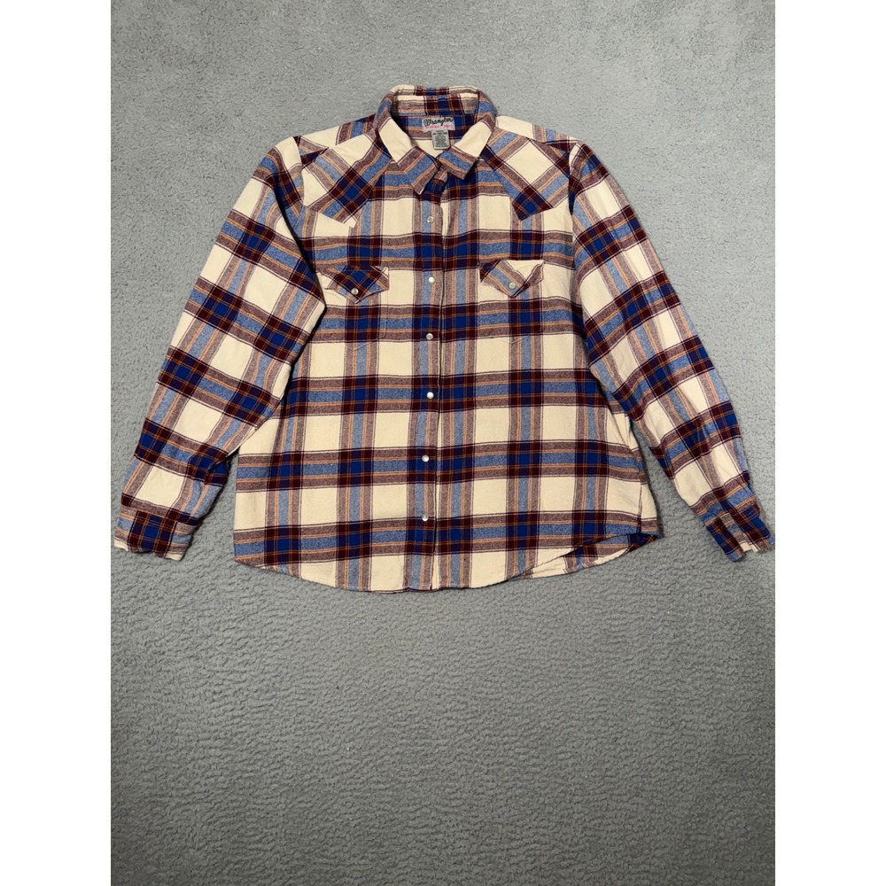 Wrangler Womens XXL Plaid Western Flannel Shirt Pearl Snap Blue Cream LWR4259